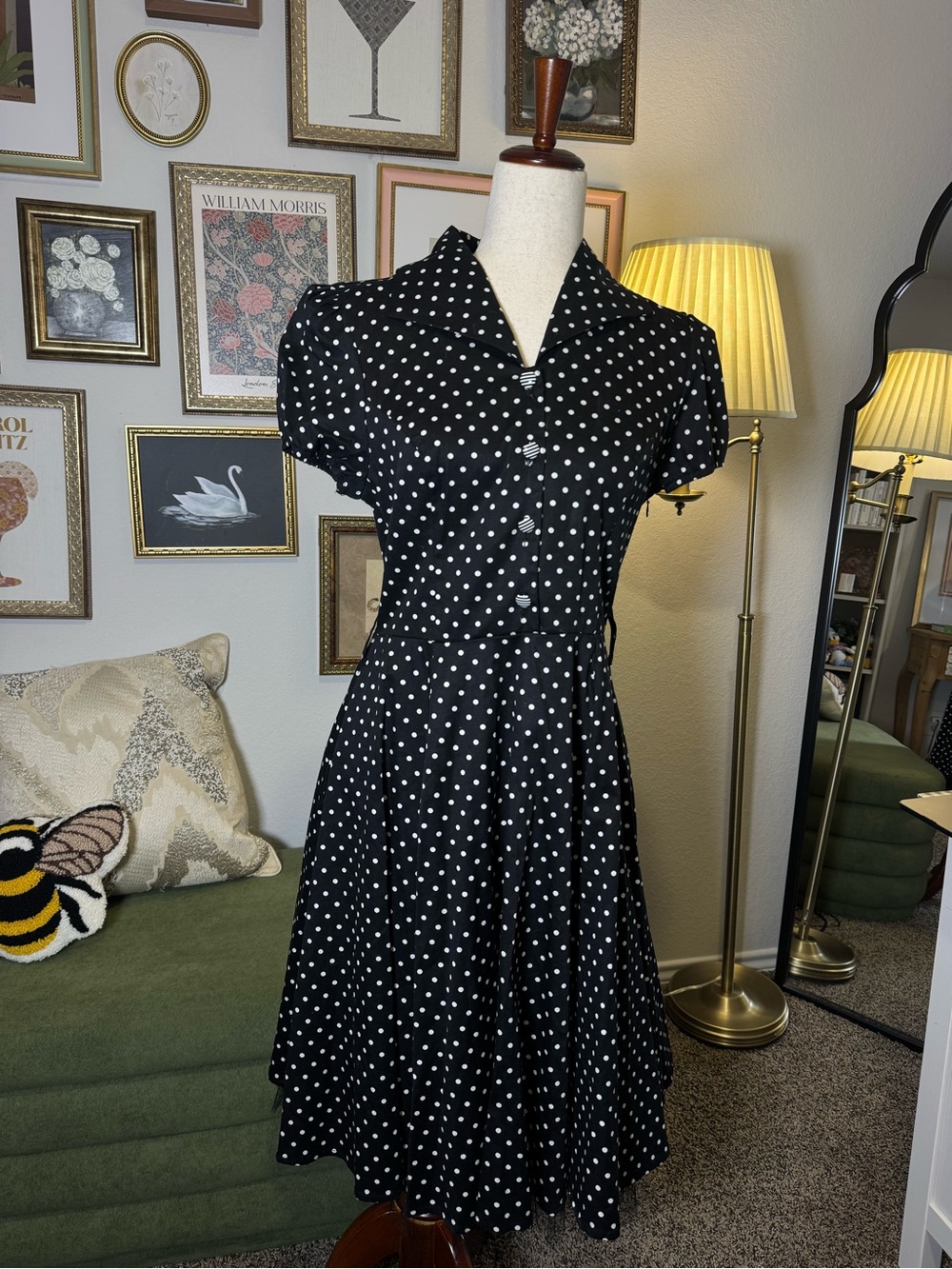 Polka Dot Vintage-Inspired Black Midi Dress